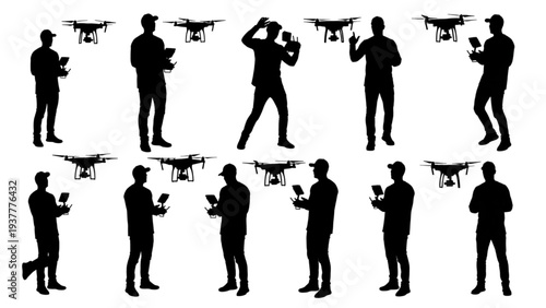 Dynamic silhouettes showcasing various individuals expertly controlling modern drones and advanced aerial technology