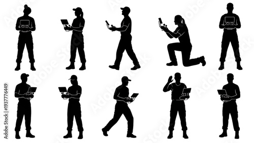 Silhouettes of people holding laptops and tablets in various poses