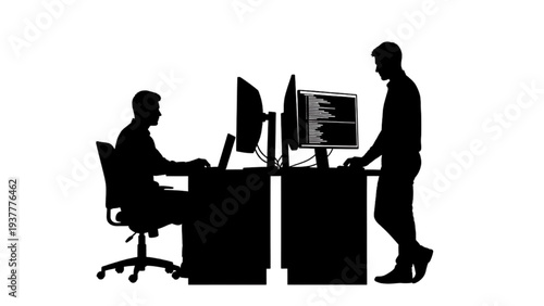 Silhouettes of two male professionals collaborating and coding at their computer workstations in a modern office environment