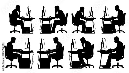 Dynamic Silhouettes of Individuals Engaged in Digital Work and Computing, Highlighting Diverse Postures and Focus at Desks