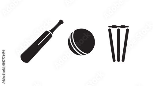 Black Cricket Bat Ball And Stumps Icons For Sports Equipment Concepts