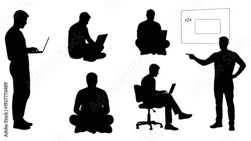 Silhouettes of people engaged in various activities with laptops and a presentation board