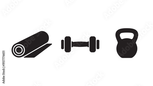 Black Icons Of Yoga Mat, Dumbbell And Kettlebell On White Background For Fitness Concepts