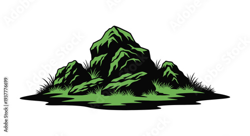 Stylized green mountains and grassy landscape illustration on white background