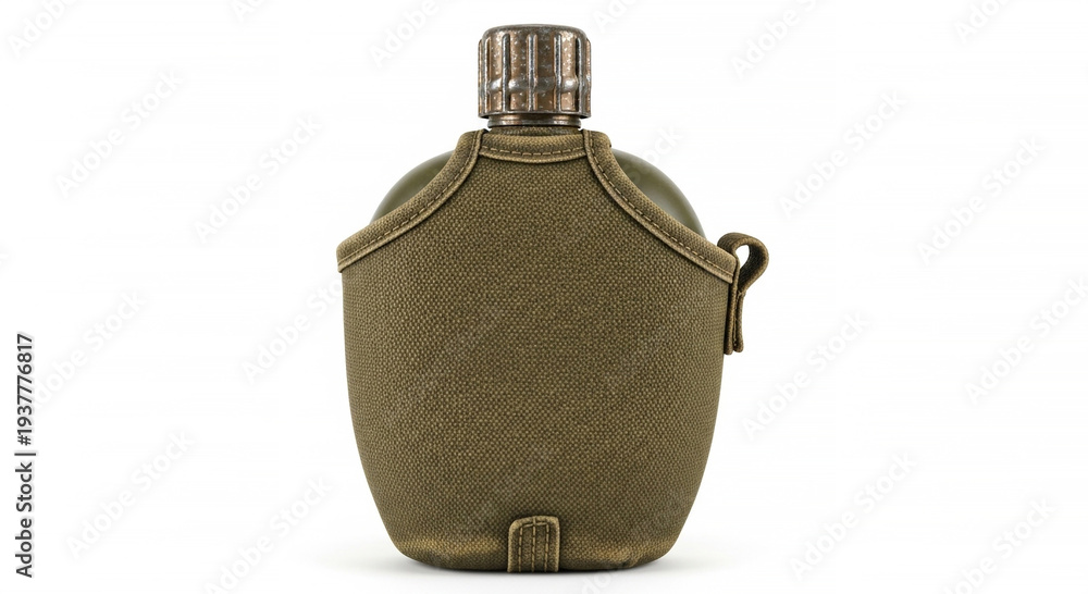 Obraz premium Classic olive drab military canteen with fabric cover and metal cap on a white background.