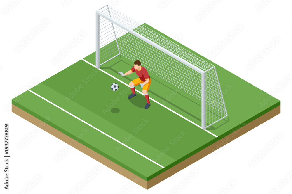 Obraz premium Isometric football goalkeeper defending goal with soccer ball near net on field. Sport defense action concept. Championship competition, teamwork, training and professional stadium sport event.
