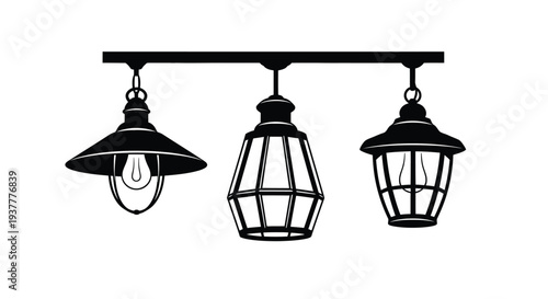 Three hanging lamps with varying designs against a white background