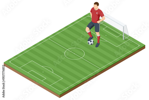 Isometric football goalkeeper defending goal with soccer ball near net on field. Sport defense action concept. Championship competition, teamwork, training and professional stadium sport event.