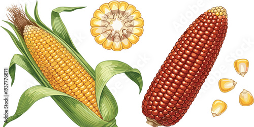 Realistic Corn and Maize Illustration Set with Sweet Corn Cob, Red Corn, Kernels, and Cross Section for Agriculture, Organic Food, and Farm Produce Design.