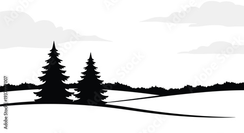 Minimalist landscape featuring silhouetted trees and a snow covered field