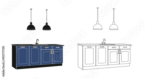 Kitchen design variations a colorful and monochrome rendering