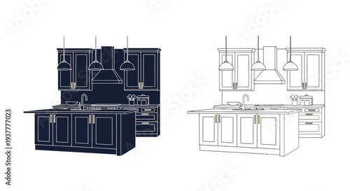 Line art illustration of a modern kitchen with two color variations