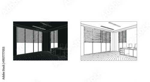 Architectural rendering of an office space in contrasting black and white styles