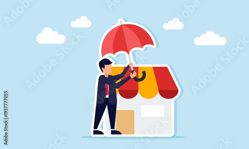 Businessman holding umbrella protecting shop illustration concept of business property asset insurance and financial protection