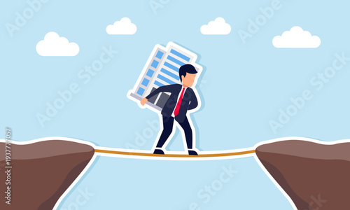 Businessman carrying company building walking on rope across canyon illustration concept of completing business project during crisis