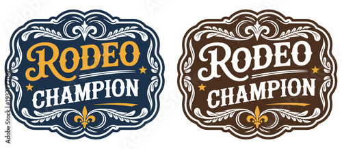 Rodeo Champion Cowboy Label Style Belt Buckle Featuring Bull Rider Medal Typographic Emblem Ornate Western Vector Design for Rodeo Events and Western Cowboy Illustration