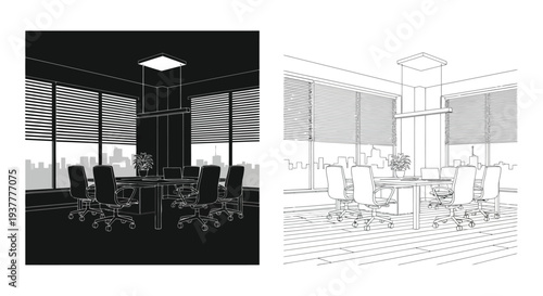 Conference room interior shown in contrasting black and white line drawing styles