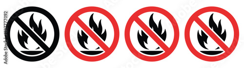 No, fire icon set featuring banned fire symbols, allowed and forbidden signs, prohibition icons, safety warning, modern flat vector illustration collection for public safety, workplace, and regulatory
