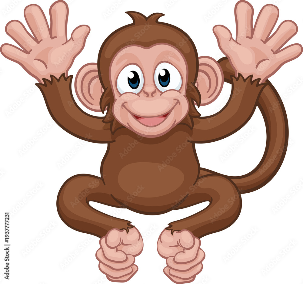 Obraz premium A monkey cute happy cartoon character animal waving with both hands 