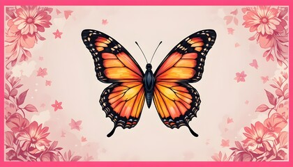 Feminine Pink Butterfly Background with Decorative Border and Vector Animal Illustrations, Elegant Design