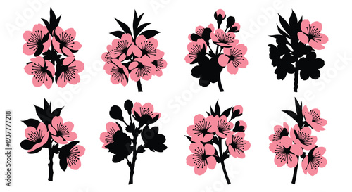 Floral arrangement of cherry blossoms in various shades and silhouettes