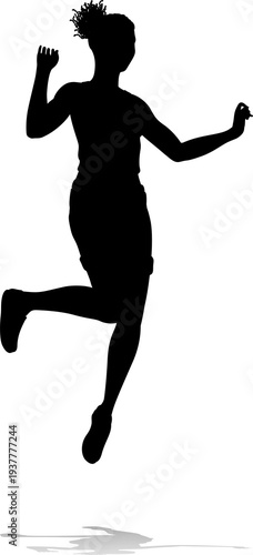 A happy woman jumping for j...