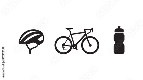 Black Bicycle Helmet, Bike, And Water Bottle For Cycling Sports Equipment Concepts