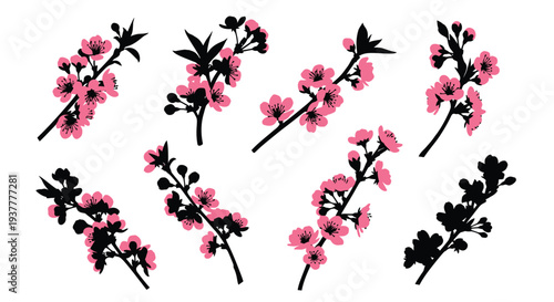 Floral arrangement of cherry blossom branches in black and pink tones