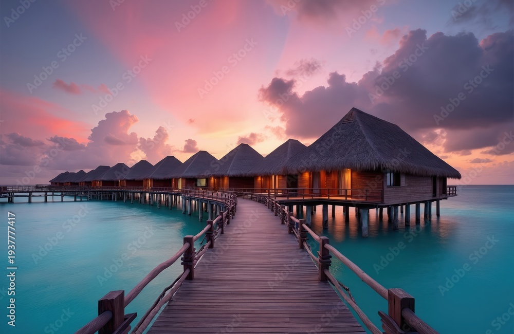 Obraz premium Wooden walkway leads to thatched roof overwater bungalows in turquoise lagoon at sunset. Island resort offers luxury vacation, romantic escape with scenic ocean views.