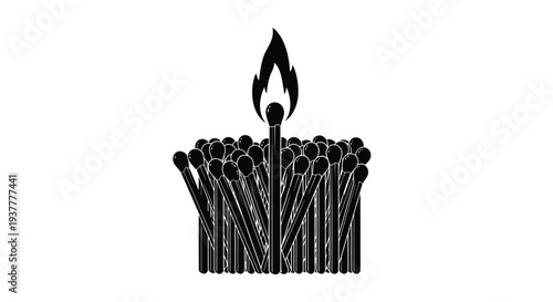 A bundle of matches with one lit creating a flame shaped silhouette