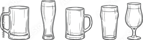 A collection of five different styles of empty beer glasses in a sketch