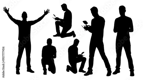 Silhouette Collection of Men Mastering Drone Technology, Piloting UAVs with Precision and Enthusiasm