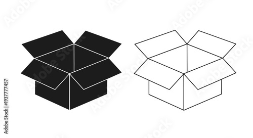 Open cardboard boxes in two variations solid and outlined