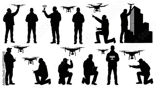 Silhouettes of individuals piloting unmanned aerial vehicles, demonstrating diverse drone control and operation activities