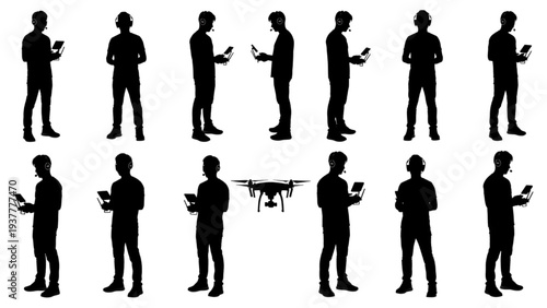 Collection of Silhouettes of People Holding and Operating a Drone