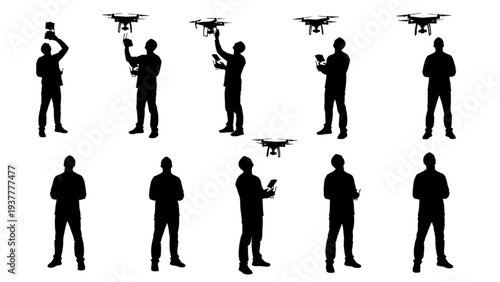 Silhouettes of people operating drones with remote controls
