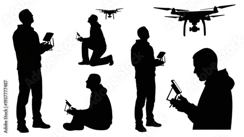 Silhouettes of Modern Drone Operators Controlling Unmanned Aerial Vehicles with Remote Gadgets