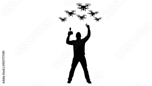 Silhouette of a person controlling a swarm of drones with a remote control, futuristic technology