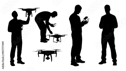 Silhouettes of people operating drones in various poses against a white background