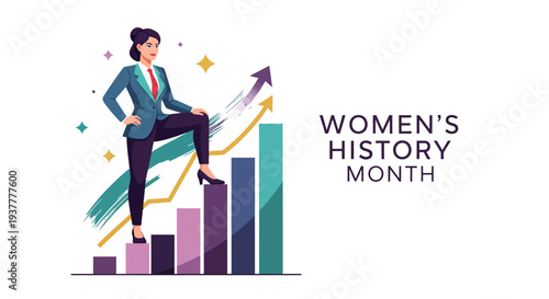 Illustration of a confident businesswoman standing on a rising bar graph, symbolizing women's empowerment and achievements during Women's History Month, with a dynamic and celebratory