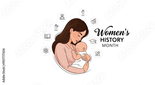 Illustration of a woman breastfeeding a baby surrounded by icons, celebrating Women's History Month with a design promoting female empowerment and support.