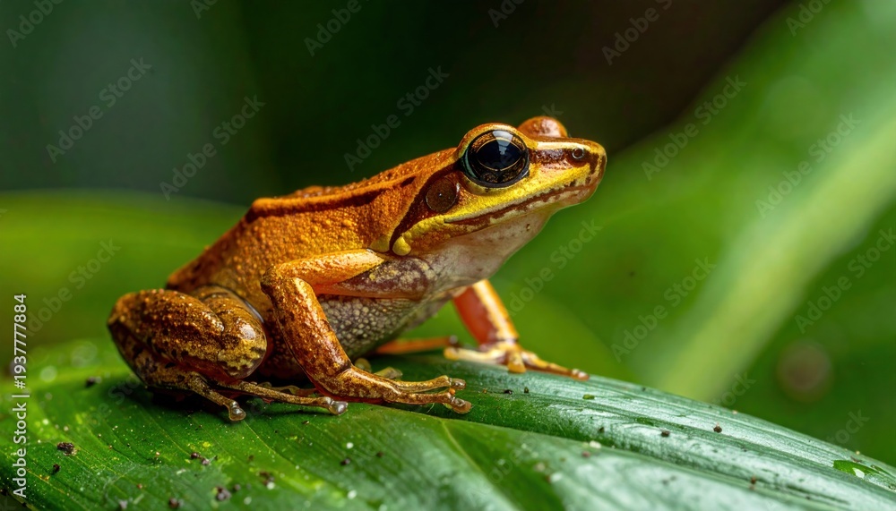 Obraz premium A bright orange frog with black markings sits on a lush green leaf in a tropical environment, showcasing its vibrant coloration and delicate features