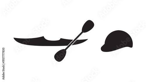 Black Silhouette Of Kayak Paddle And Helmet For Sports Equipment Concepts