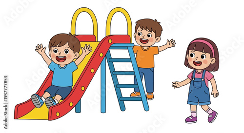Three happy children playing together on a colorful playground slide structure outdoors