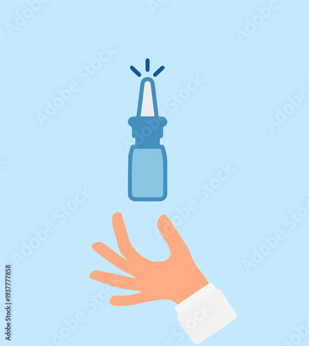 nasal spray in a person's hand on a blue background,