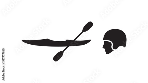 Kayaker Silhouette Wearing Helmet With Paddle For Sports Concepts