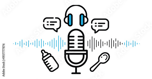 Parenting podcast icons microphone headphones baby items sound waves advice line art vector