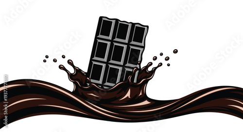 A dark chocolate bar breaks into a splash of melted chocolate