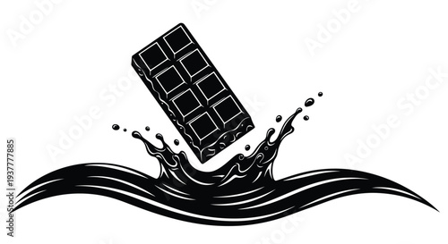 A chocolate bar falling into a splash of liquid chocolate