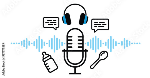 Parenting podcast symbols microphone headphones baby bottle sound waves advice line art